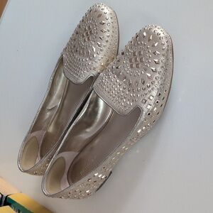 BCBG gold Bejeweled Leather Flats Shoes size 8.5
